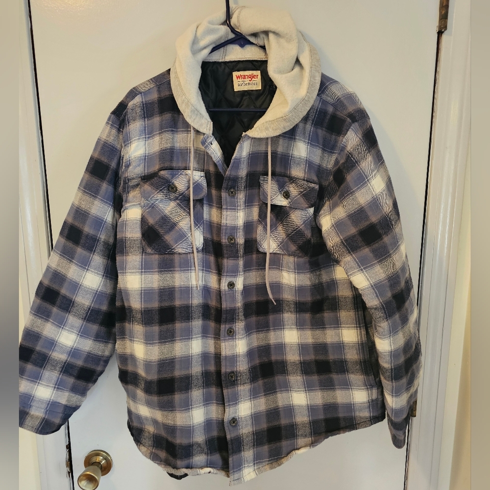 Wrangler Authentics Blue Plaid Hooded Quilted Lined Flannel Shacket Mens Size L